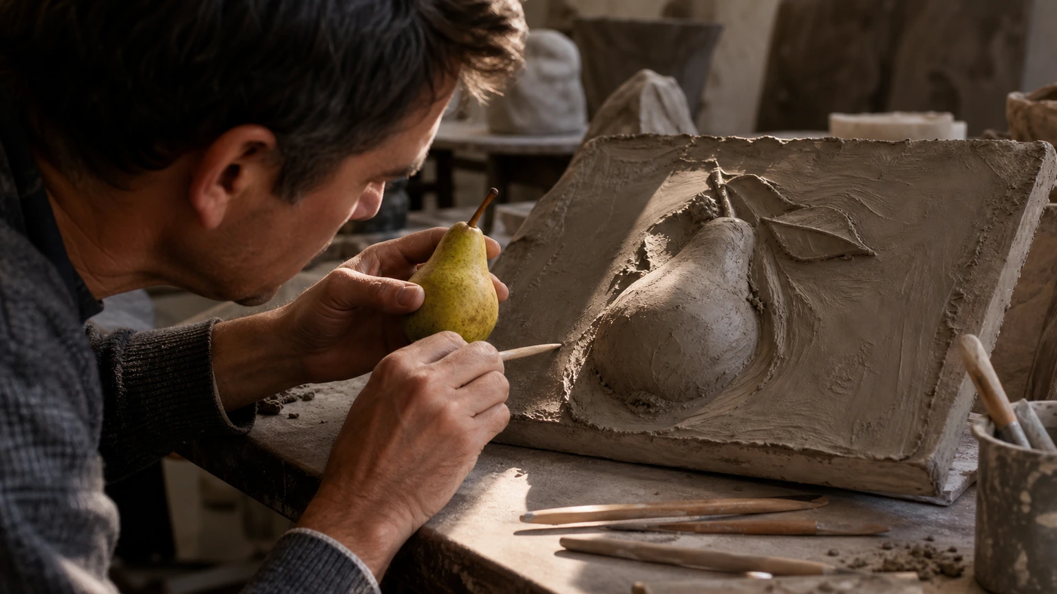Sculpteur observant une poire pour corriger un relief en argile