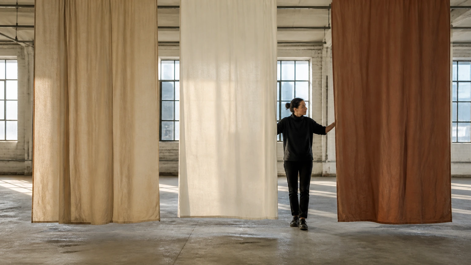 Créatrice réglant la distance entre de grands voiles textiles unis
