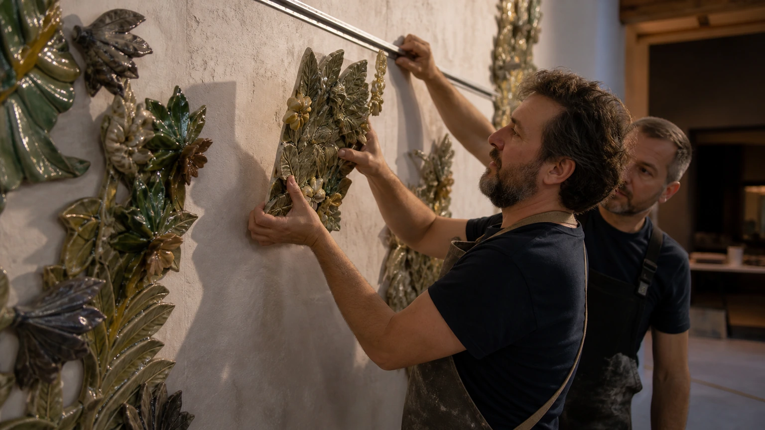 Artisan retirant un module d’une composition murale en céramique