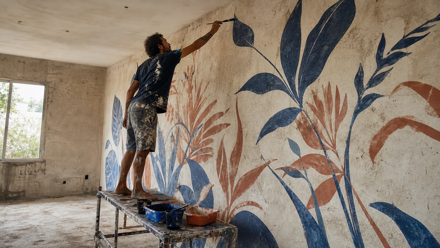 Peintre réalisant une fresque figurative avec seulement deux couleurs