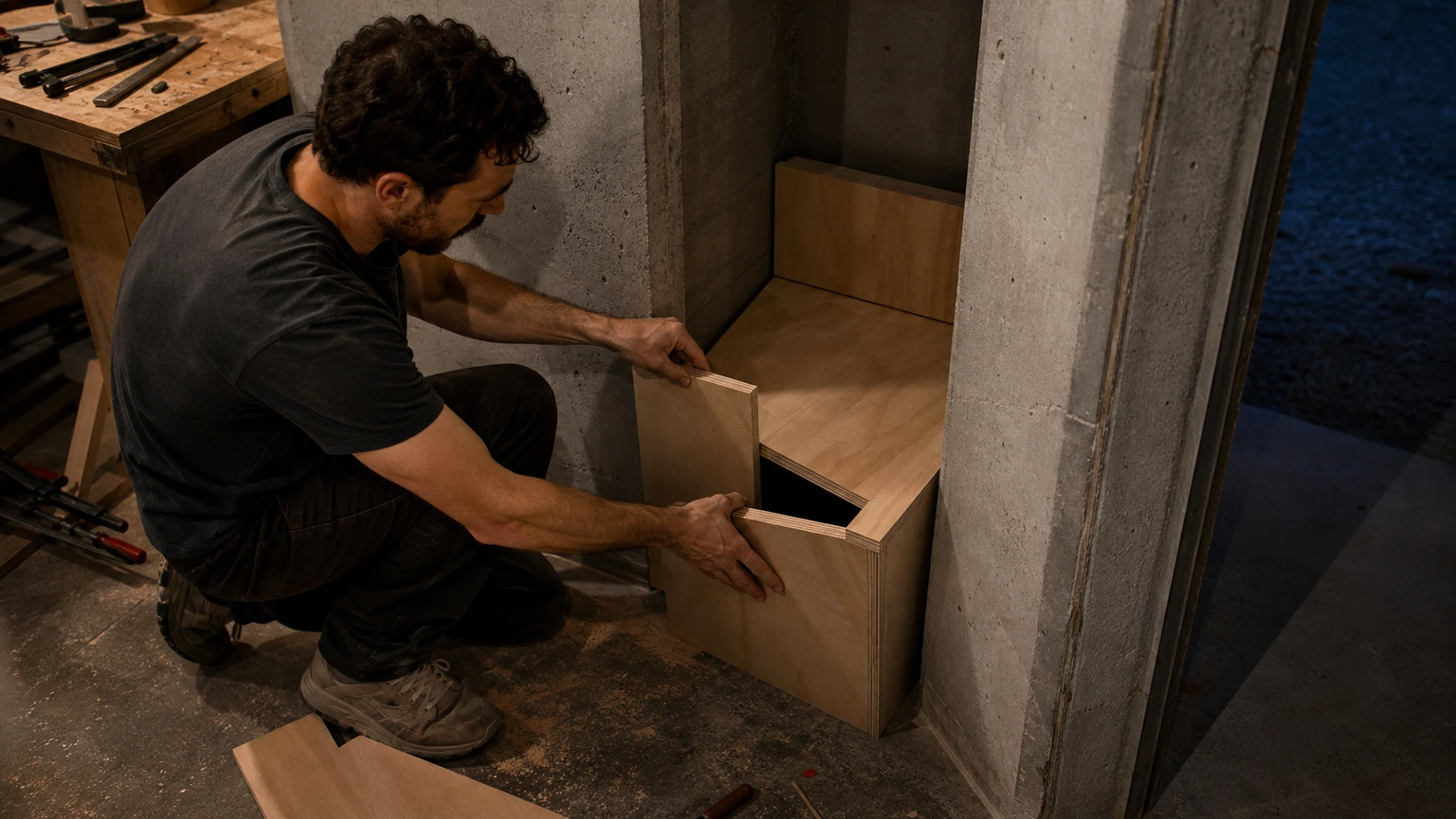 Designer assemblant un siège modulaire dans un espace très étroit