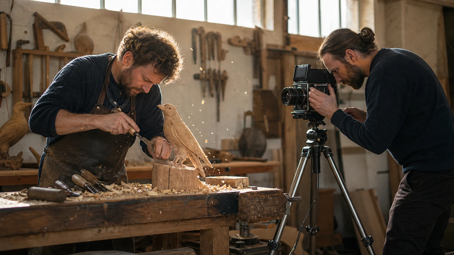 Photographe cadrant une étape de sculpture pendant le travail