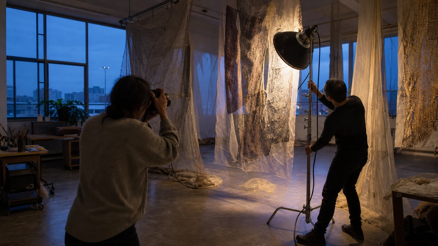 Artiste réglant la lumière autour d’une installation textile en cours