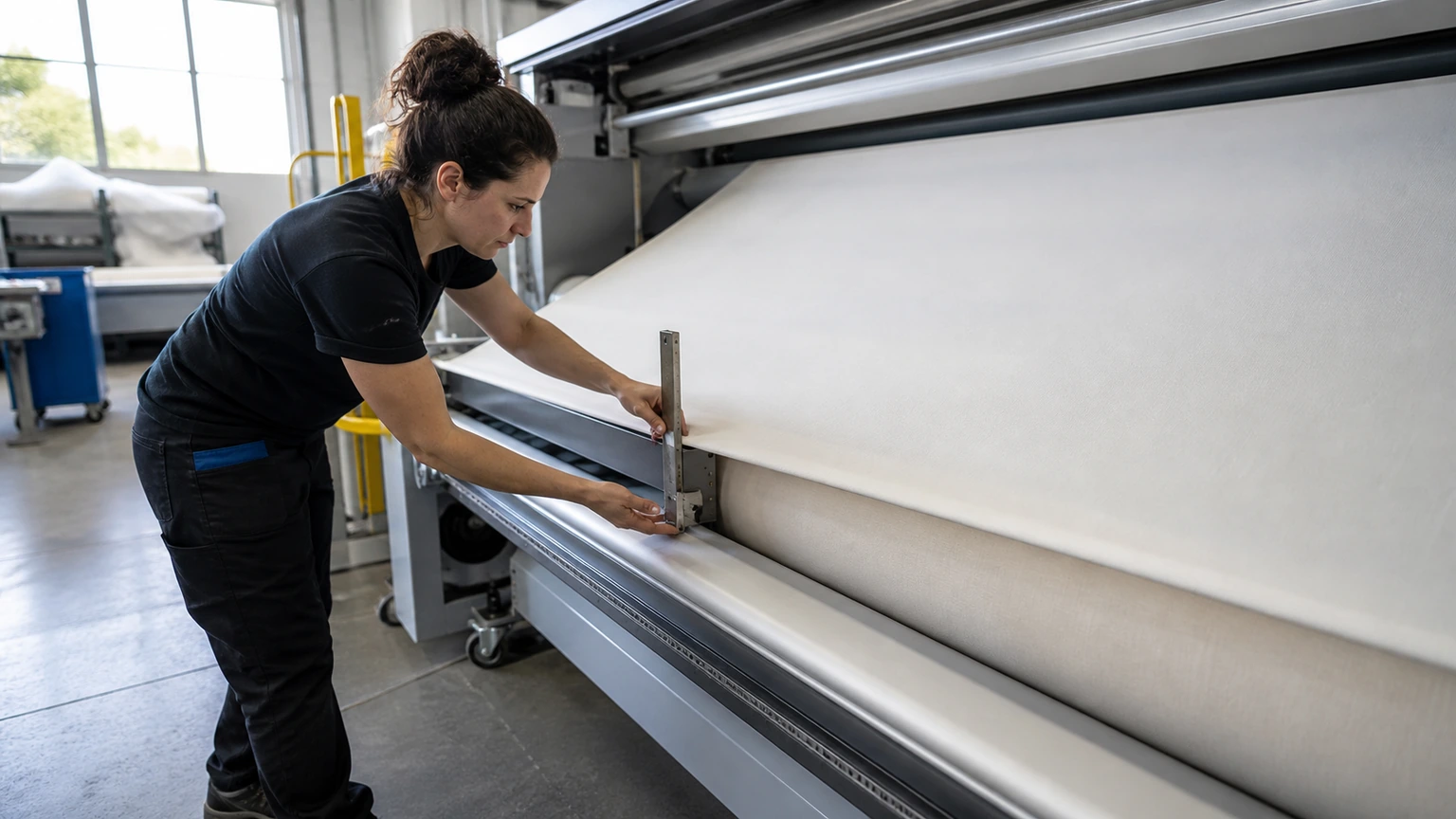 Opératrice alignant un rouleau textile dans une machine grand format