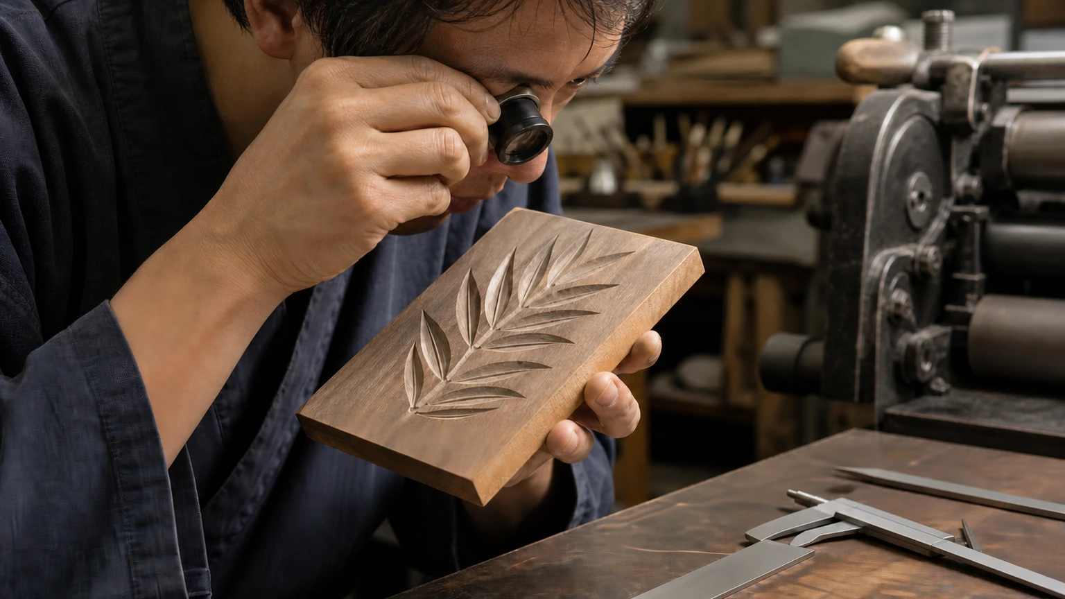Artisan contrôlant la netteté d’un motif gravé sur une plaque en bois