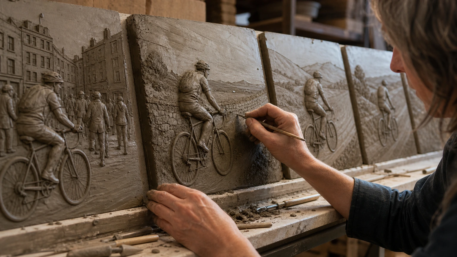 Artiste sculptant une séquence narrative en relief dans l’argile