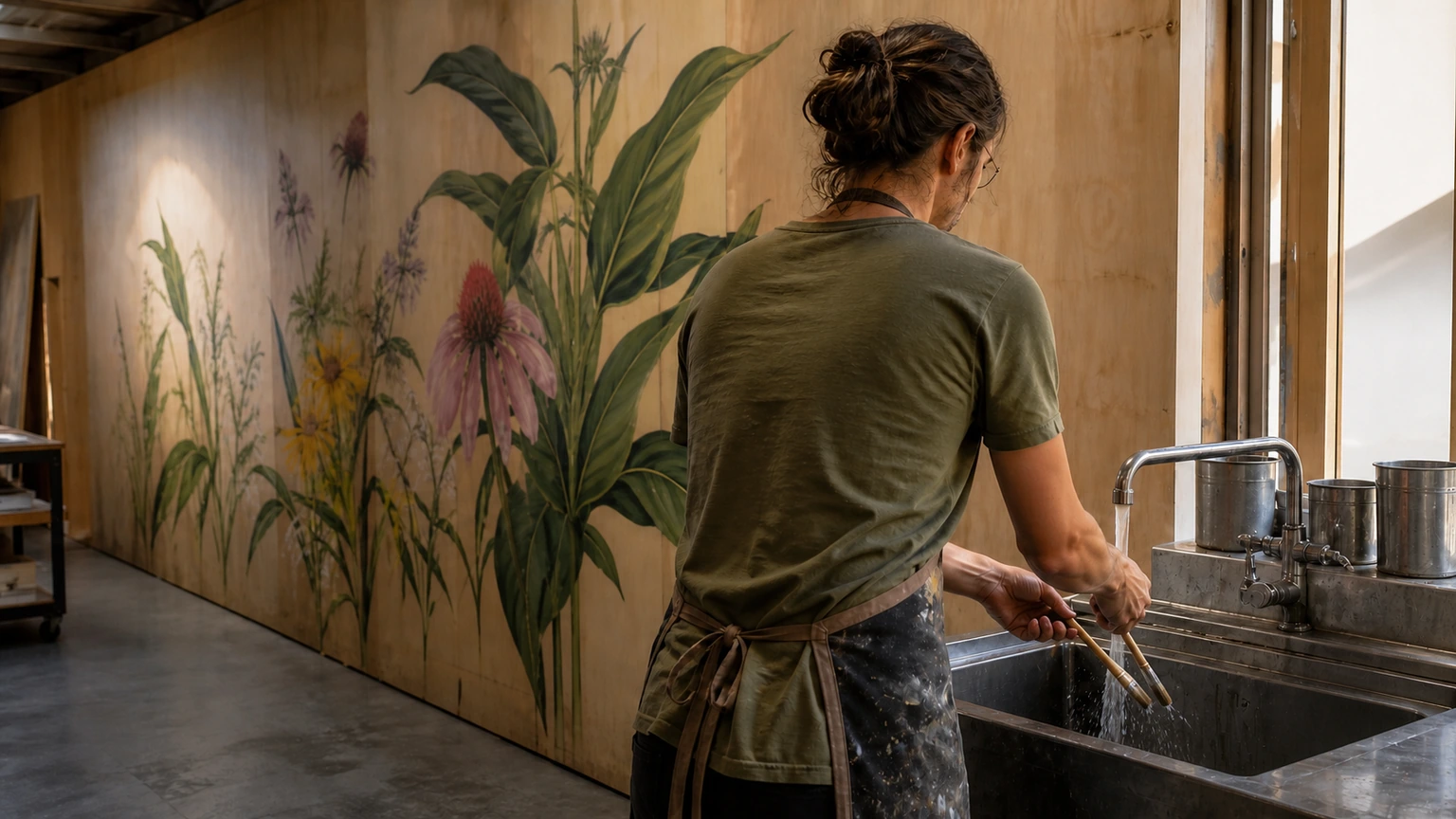 Peintre nettoyant ses pinceaux après une fresque sur bois