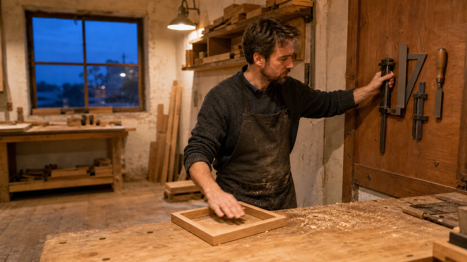 Artisan rangeant les outils utiles après l’assemblage d’un cadre