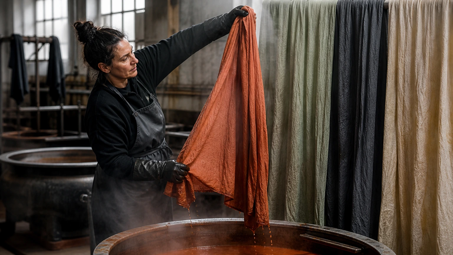 Teinturière ajustant un bain coloré pour harmoniser des textiles unis