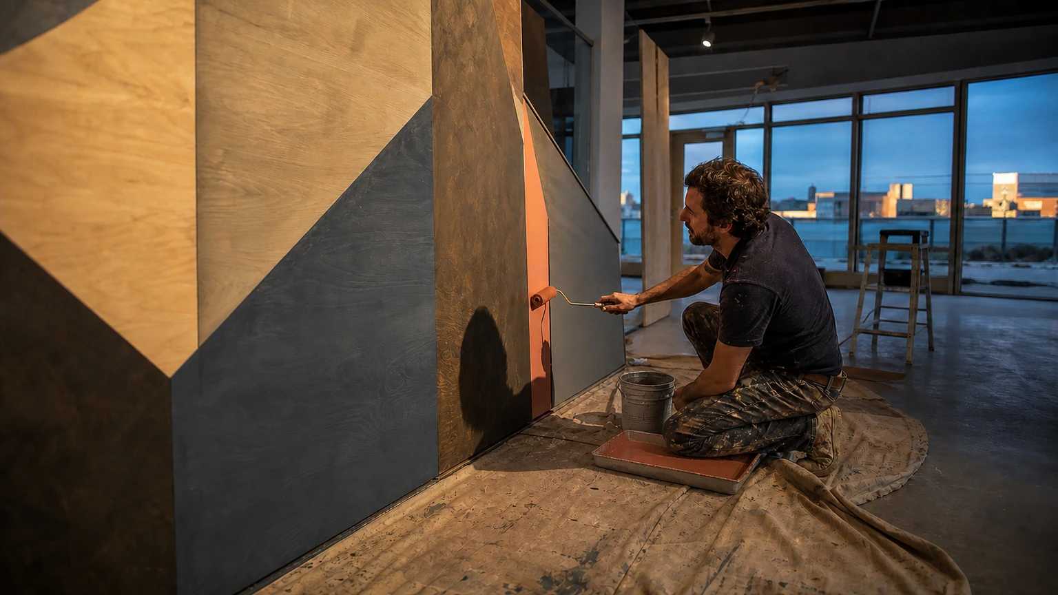 Peintre appliquant une couleur d’accent sur une installation en bois