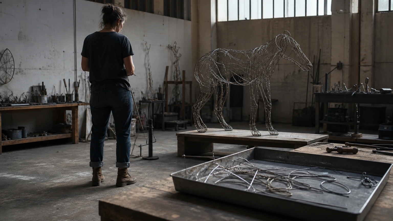 Autodidacte assemblant une structure en fil métallique dans un atelier partagé