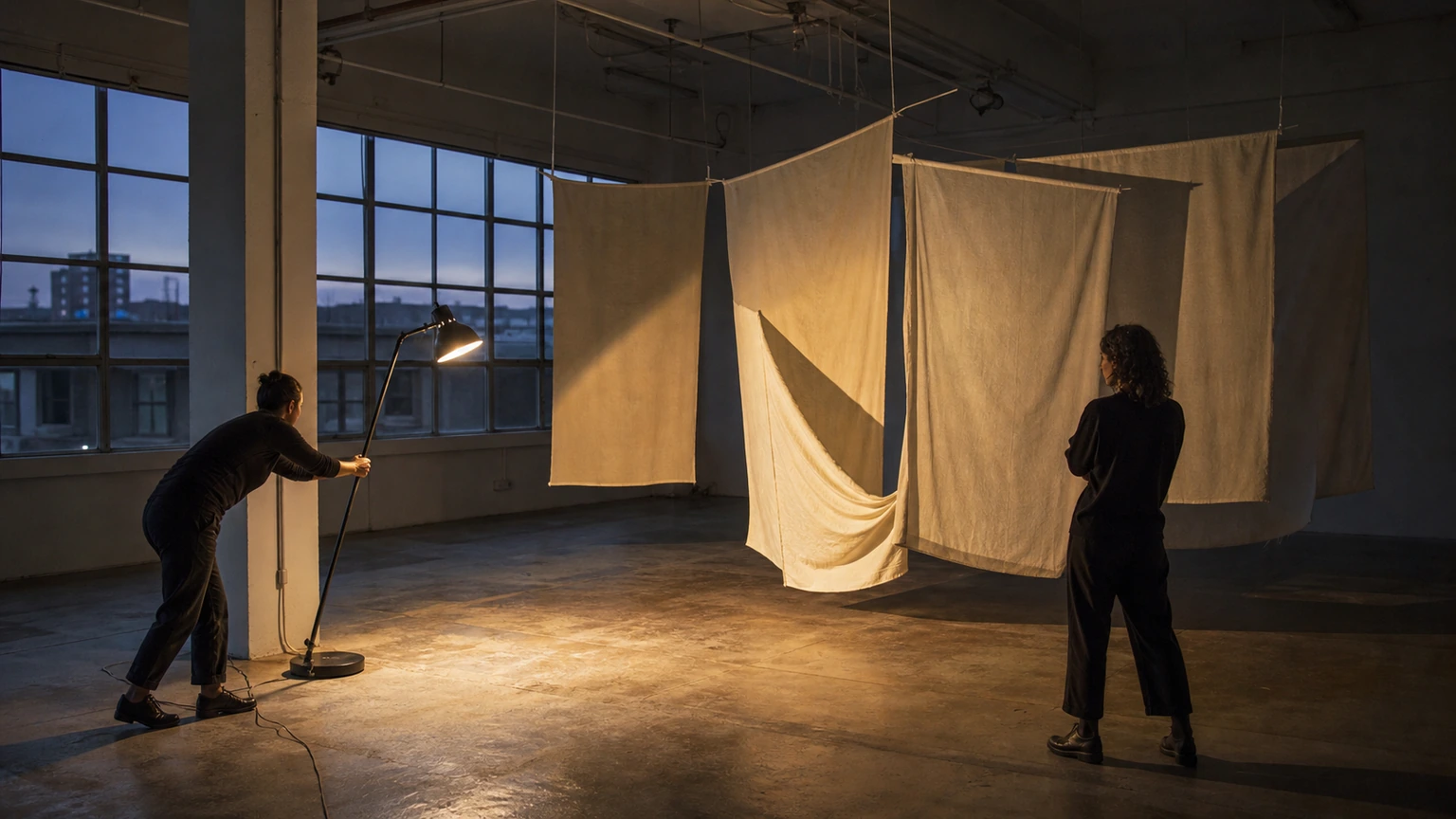 Deux collègues ajustant la lumière d’une installation textile